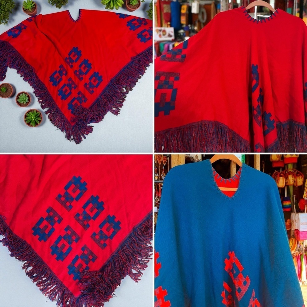 Vintage 70s Poncho Mexican Reversible Fringe Cape Shawl Blue/Red Wool Handmade - Picture 16 of 16